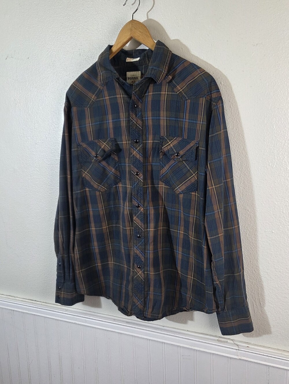 Fossil Vintage Fit Mens Xl Pearl Snap Shirt Blue Brown Plaid Western Cotton View 3